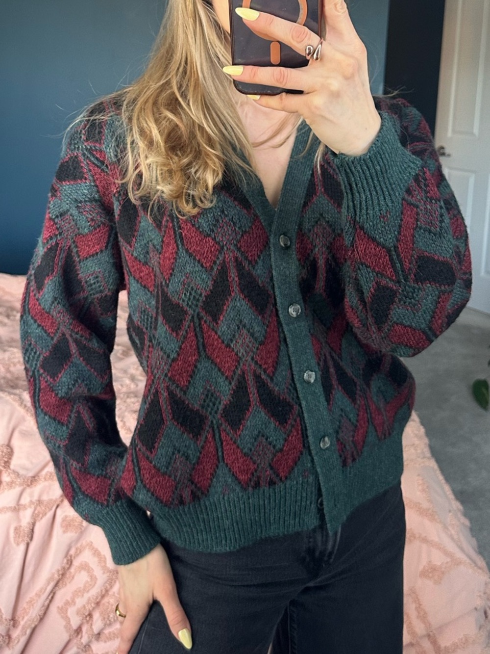 Vintage Coda’s Button-Front Cardigan in Forest Green and Burgundy